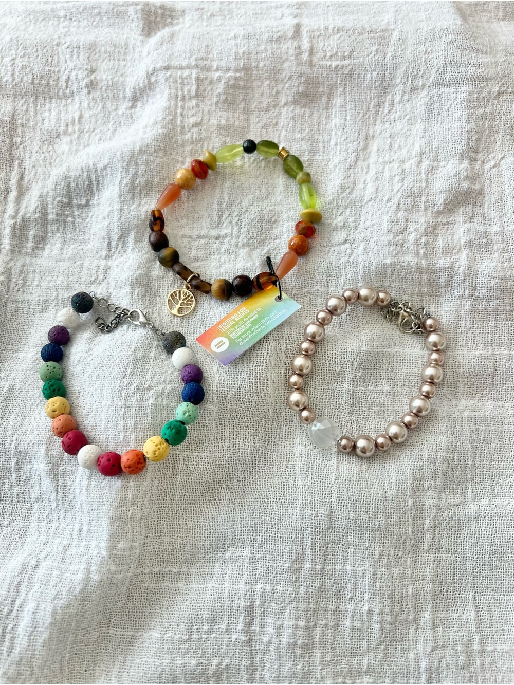 Set of Three Multicolor Lava Bead Bracelet - Rainbow and Rose Gold Options